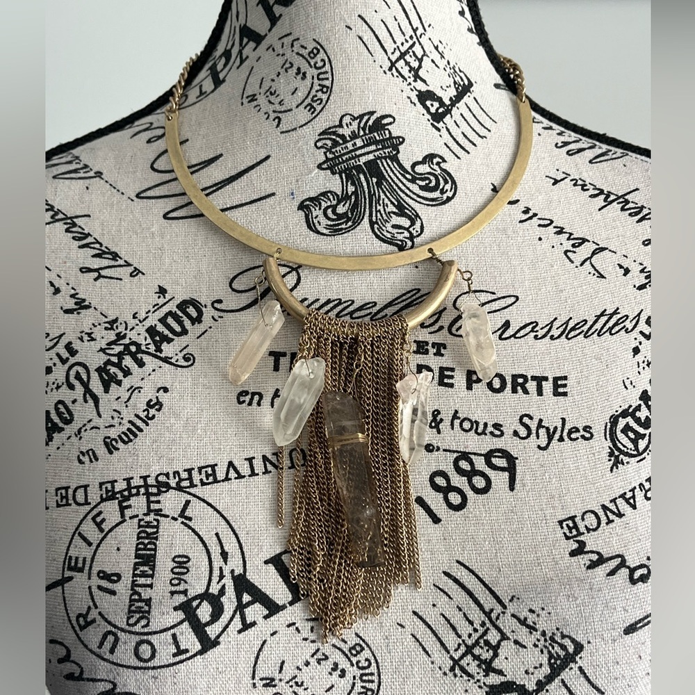 Gold Tone Fringe Statement Necklace with Quartz Points Witch Boho Ritual Style